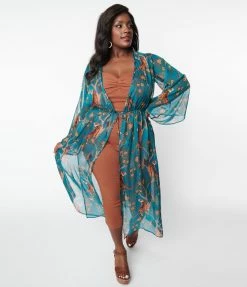 New Arrivals! Unique Vintage Plus Size Peacock & Tigers Long Sleeved Kimono