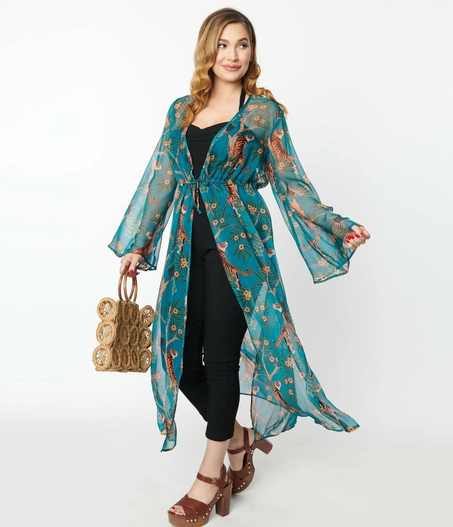 Unique Vintage Peacock & Tigers Long Sleeved Kimono New Arrivals!