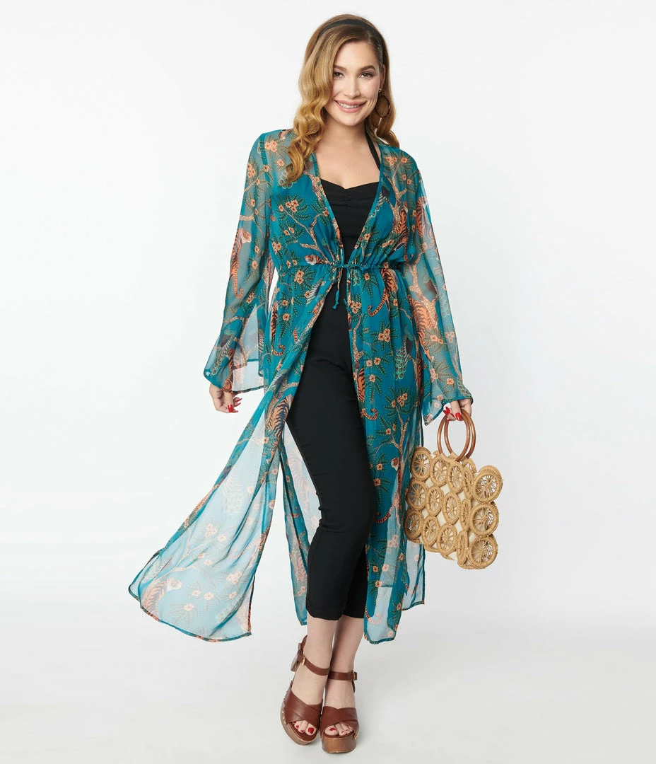 Unique Vintage Peacock & Tigers Long Sleeved Kimono New Arrivals!