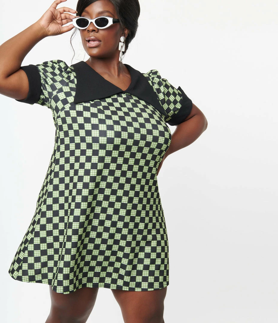 New Arrivals! Smak Parlour Plus Size Black & Green Check Mini Dress