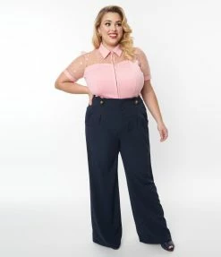 Unique Vintage Plus Size Navy Wide Leg Pants Clothing