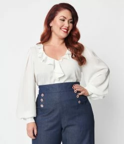 Clothing Unique Vintage Plus Size Ivory Ruffle Bishop Sleeve Blouse