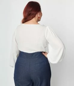 Clothing Unique Vintage Plus Size Ivory Ruffle Bishop Sleeve Blouse
