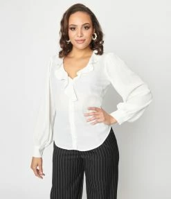 Clothing Unique Vintage Ivory Ruffle Bishop Sleeve Blouse
