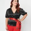 New Arrivals! Unique Vintage Plus Size Black & Red Lock & Key Sashed Blouse