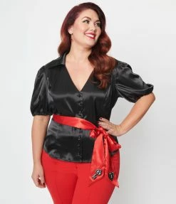 New Arrivals! Unique Vintage Plus Size Black & Red Lock & Key Sashed Blouse