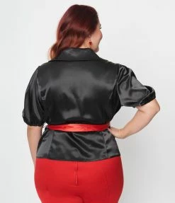 New Arrivals! Unique Vintage Plus Size Black & Red Lock & Key Sashed Blouse