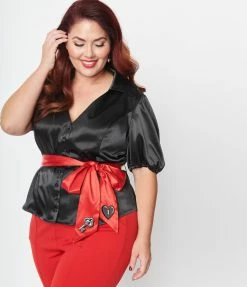 New Arrivals! Unique Vintage Plus Size Black & Red Lock & Key Sashed Blouse