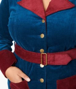 New Arrivals! Smak Parlour Plus Size Navy & Burgundy Corduroy Belted Coat