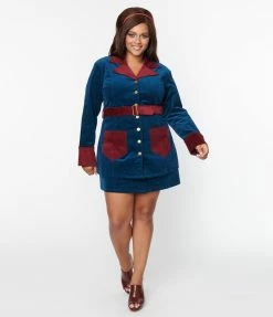 New Arrivals! Smak Parlour Plus Size Navy & Burgundy Corduroy Belted Coat