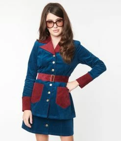 Smak Parlour Navy & Burgundy Corduroy Belted Coat