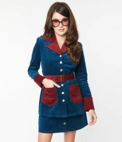 Smak Parlour Navy & Burgundy Corduroy Belted Coat