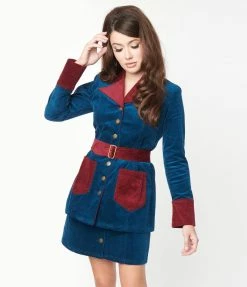 Smak Parlour Navy & Burgundy Corduroy Belted Coat