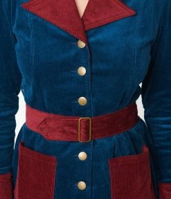 Smak Parlour Navy & Burgundy Corduroy Belted Coat