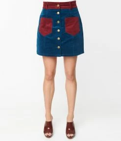 New Arrivals! Smak Parlour Navy & Burgundy Corduroy Button Mini Skirt