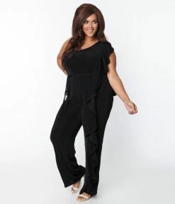 Smak Parlour Plus Size Black One Shoulder Ruffle Jumpsuit Clothing