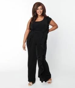 Smak Parlour Plus Size Black One Shoulder Ruffle Jumpsuit Clothing