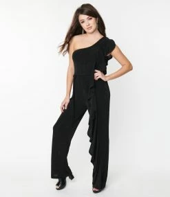 Clothing Smak Parlour Black One Shoulder Ruffle Jumpsuit