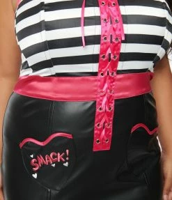 Betty & Veronica X Unique Vintage Plus Size Black Vegan Leather & Striped Corset Wiggle Dress New Arrivals!