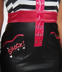 Betty & Veronica X Unique Vintage Black Vegan Leather & Striped Corset Wiggle Dress