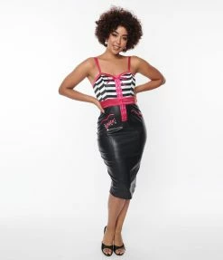 Betty & Veronica X Unique Vintage Black Vegan Leather & Striped Corset Wiggle Dress