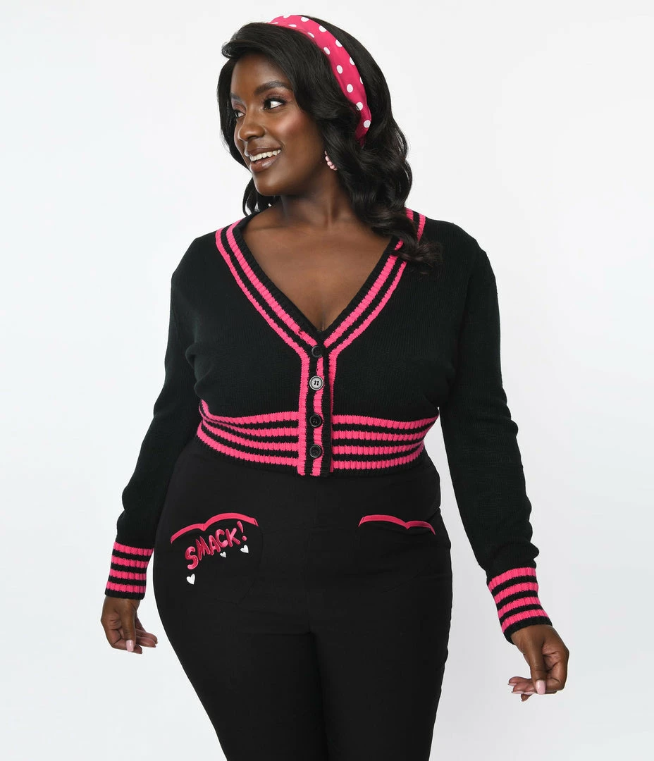 Betty & Veronica X Unique Vintage Plus Size Black & Pink Smack Sweater Cardigan