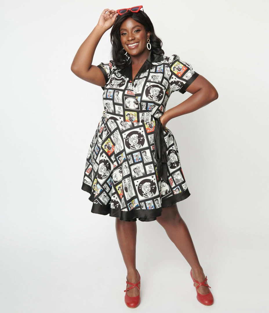 New Arrivals! Betty & Veronica X Unique Vintage Plus Size Comic Collage Print Wrap Dress