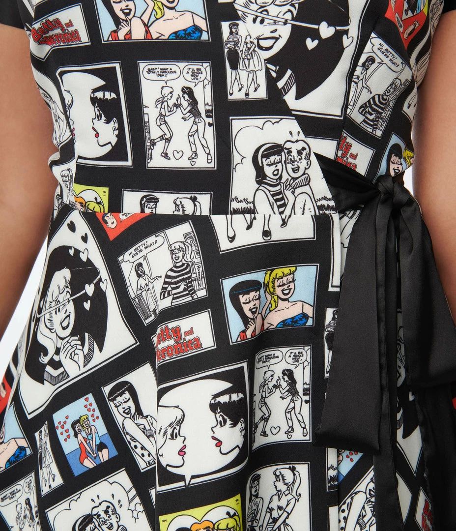 Betty & Veronica X Unique Vintage Comic Collage Print Wrap Dress