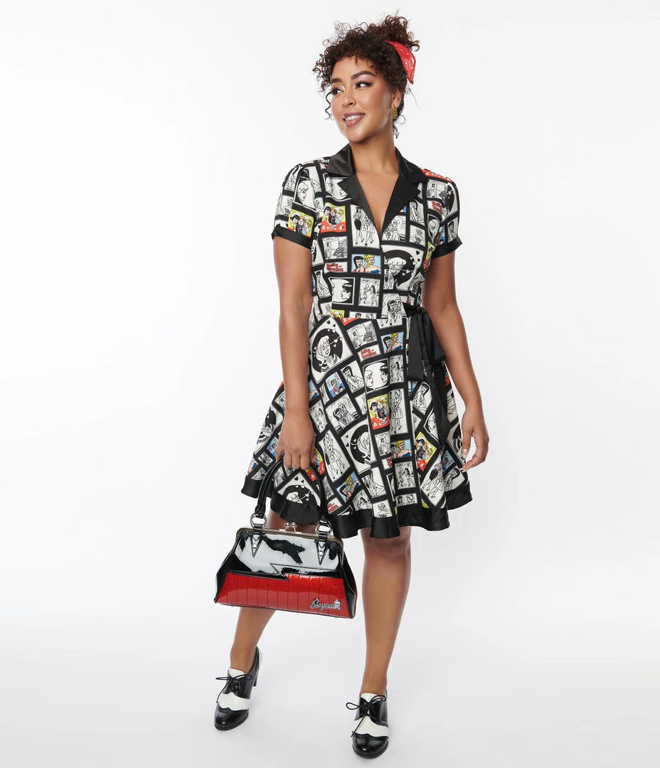 Betty & Veronica X Unique Vintage Comic Collage Print Wrap Dress