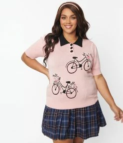 Unique Vintage Plus Size Dusty Rose & Black Bicycle Prim & Pretty Sweater