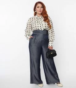 Unique Vintage Plus Size Grey Chambray High Waist Pants