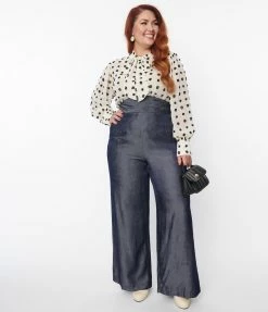 Unique Vintage Plus Size Grey Chambray High Waist Pants