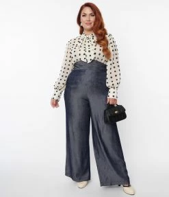 Unique Vintage Plus Size Grey Chambray High Waist Pants