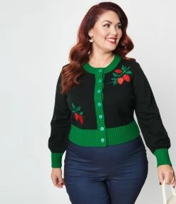 Unique Vintage Plus Size Black & Green Sweet Strawberry Cardigan