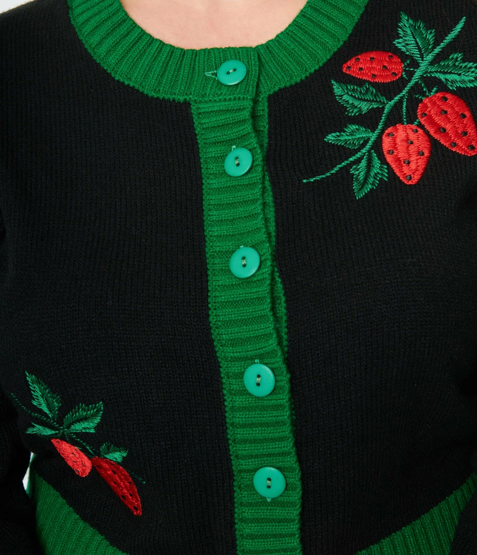 Unique Vintage Plus Size Black & Green Sweet Strawberry Cardigan