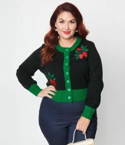 Unique Vintage Plus Size Black & Green Sweet Strawberry Cardigan