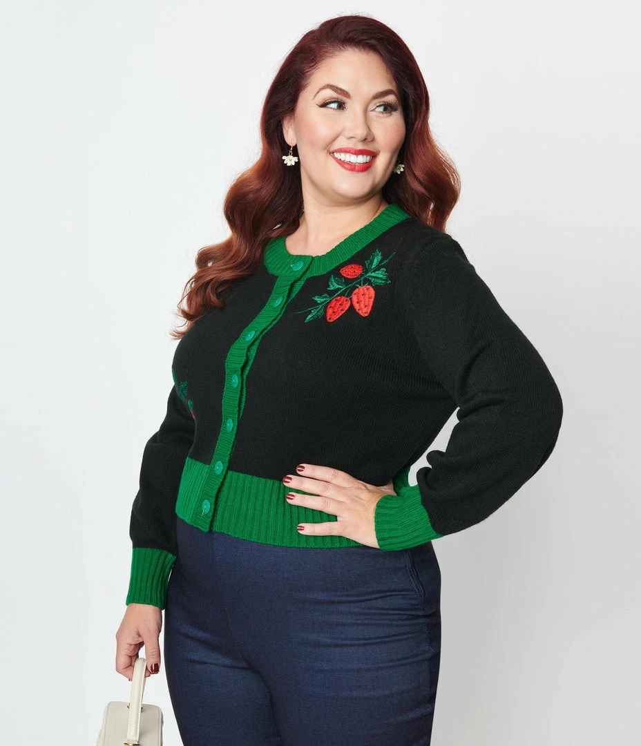 Unique Vintage Plus Size Black & Green Sweet Strawberry Cardigan