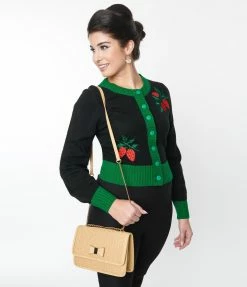 Unique Vintage Black & Green Sweet Strawberry Cardigan New Arrivals!