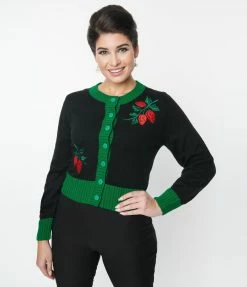 Unique Vintage Black & Green Sweet Strawberry Cardigan New Arrivals!