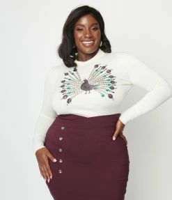 Clothing Unique Vintage Plus Size Cream & Peacock Sweater