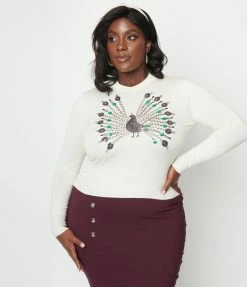 Clothing Unique Vintage Plus Size Cream & Peacock Sweater