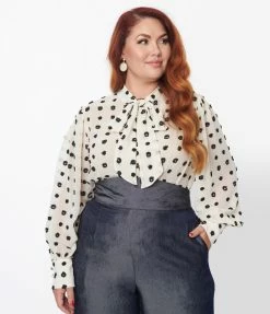 New Arrivals! Unique Vintage Plus Size Ivory & Black Clip Dot Gwen Blouse