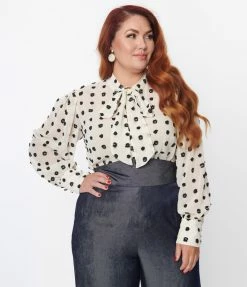 New Arrivals! Unique Vintage Plus Size Ivory & Black Clip Dot Gwen Blouse