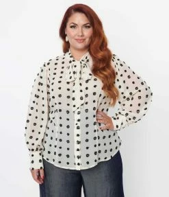 New Arrivals! Unique Vintage Plus Size Ivory & Black Clip Dot Gwen Blouse