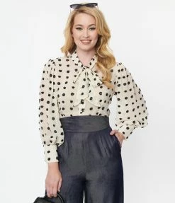 New Arrivals! Unique Vintage Ivory & Black Clip Dot Gwen Blouse