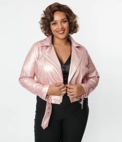 New Arrivals! Unique Vintage Plus Size Pink Shimmer Vegan Leather Jacket