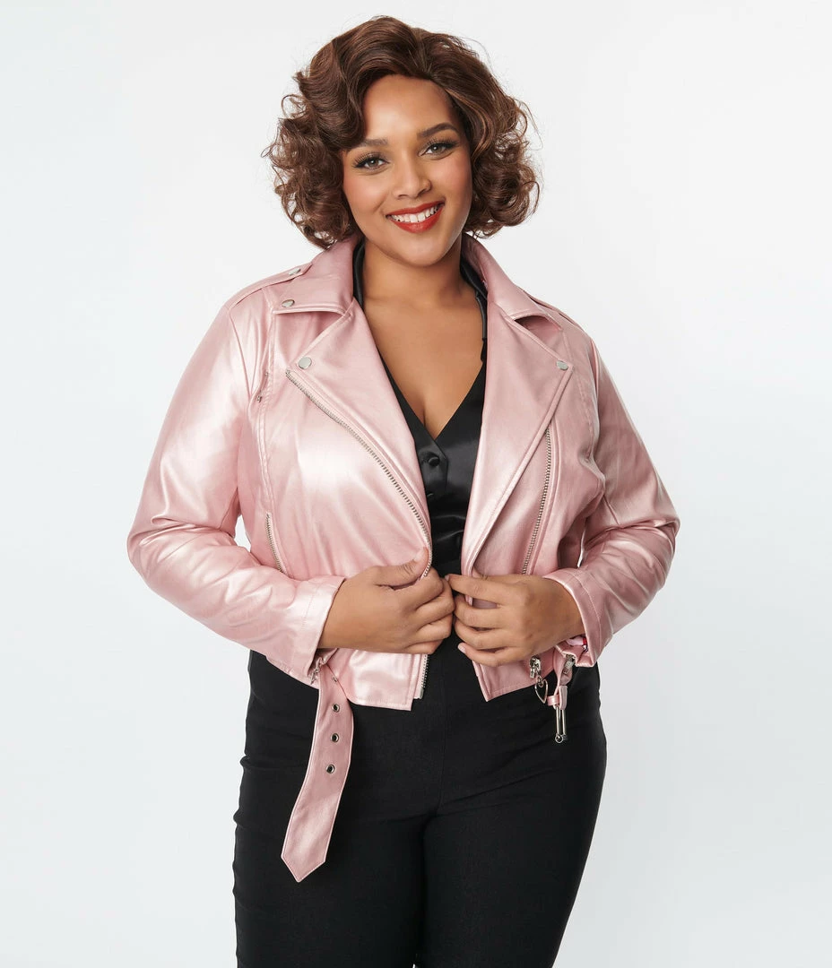 New Arrivals! Unique Vintage Plus Size Pink Shimmer Vegan Leather Jacket