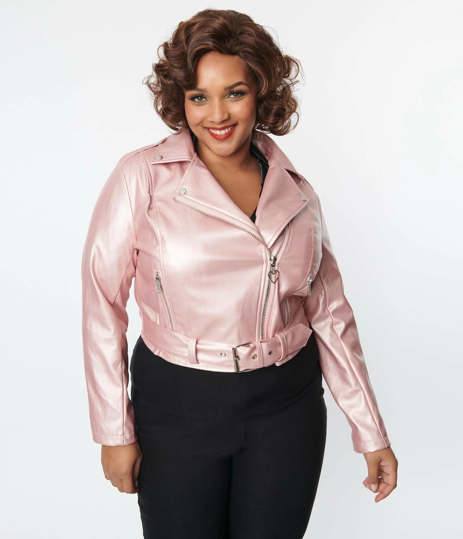 New Arrivals! Unique Vintage Plus Size Pink Shimmer Vegan Leather Jacket