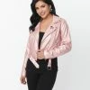 Unique Vintage Pink Shimmer Vegan Leather Jacket New Arrivals!