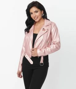 Unique Vintage Pink Shimmer Vegan Leather Jacket New Arrivals!